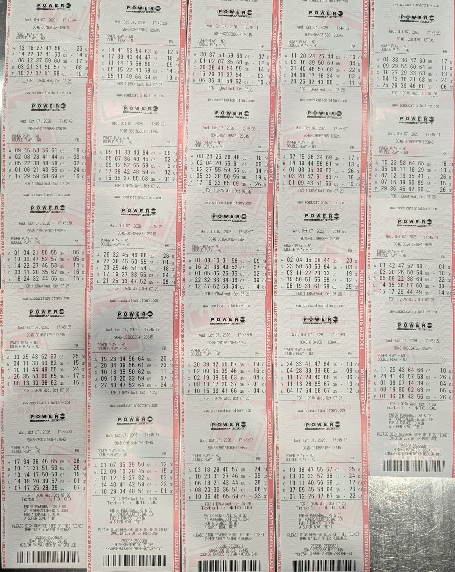 Sheet of South Carolina Education Lottery Powerball tickets for the Wednesday, October 7, 2026 drawing